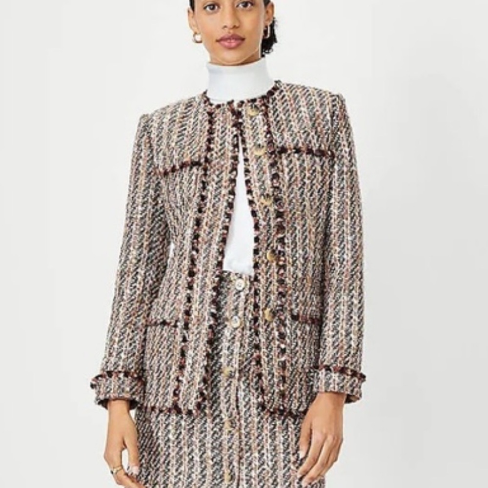 Ann Taylor Fringe Tweed Brown Jacket Blazer Size 4 - Picture 1 of 7